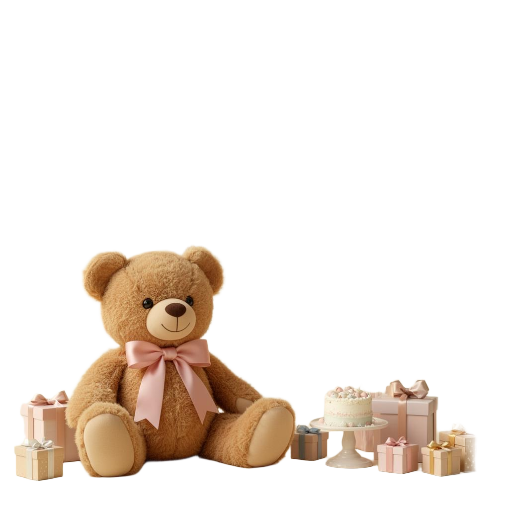 Teddy bear with balloons and pastel party setup